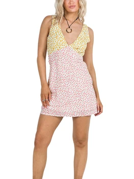 נשים s קיץ שמלת מיני ללא שרוולים צוואר V העמוק שני טון פרחוני הדפסה לקשור בחזרה שמלה קצרה Beachwear